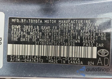 2014 Toyota Corolla L из США, поврежденный, VIN 2T1BURHE9EC138926